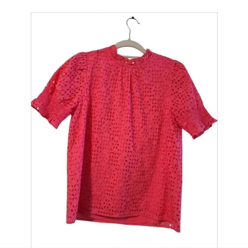 J. Crew Red Smocked Blouse with Peter Pan Collar